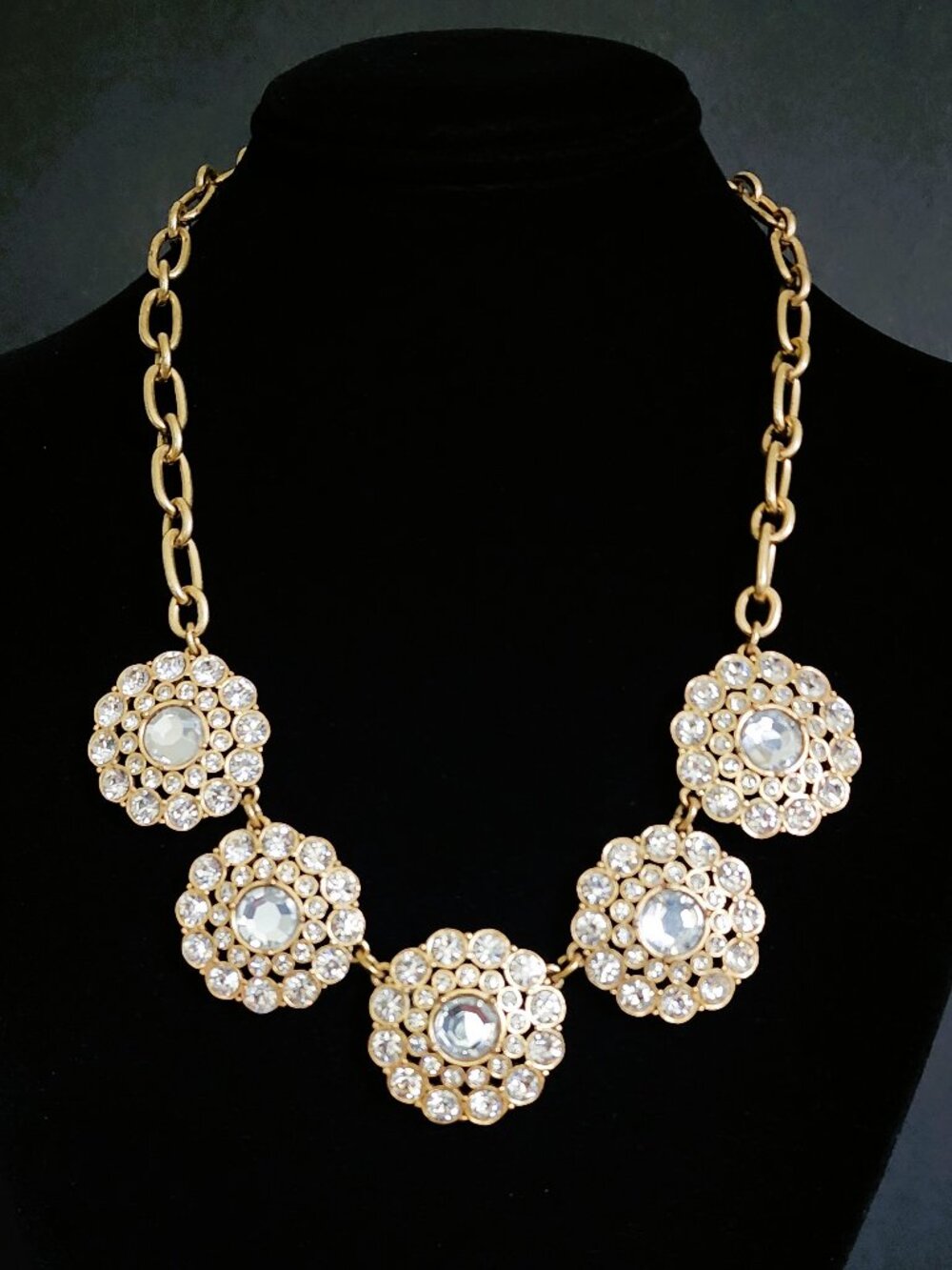 Vintage J.Crew Layered Circle Crystal Statement Necklace Gold 20" Retired